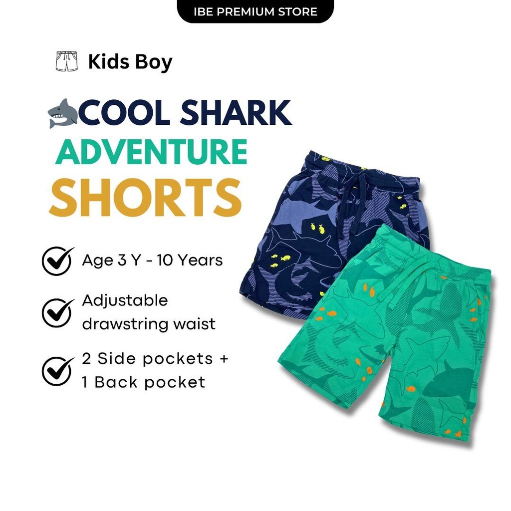 OVS Kids Boy Cool Shark Adventure Shorts 2 สี มีกระเป๋า 2 ข้าง + กระเป๋า 1 ใบ (อายุ 3 ขวบ ถึง 10 ขวบ