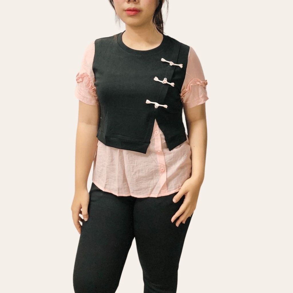 76150 | PLAIN SHORT-SLEEVED SILK COMBINATION เสื้อยืดด้านข้างปุ่มสีขาวสีชมพูสีเหลือง