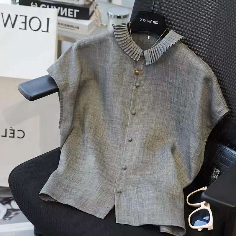 สตรีผ้าลินินบินแขนเสื้อน่ารักเร้าใจหมวกแขนหยักเสื้อออกแบบหรูหราฤดูร้อนด้านบน