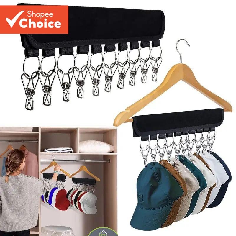 คลิปแขวนหมวก แบบพับได้ มีกาวในตัว สีดํา สําหรับเก็บเสื้อผ้า หมวก ตู้เสื้อผ้า 1 ชิ้น