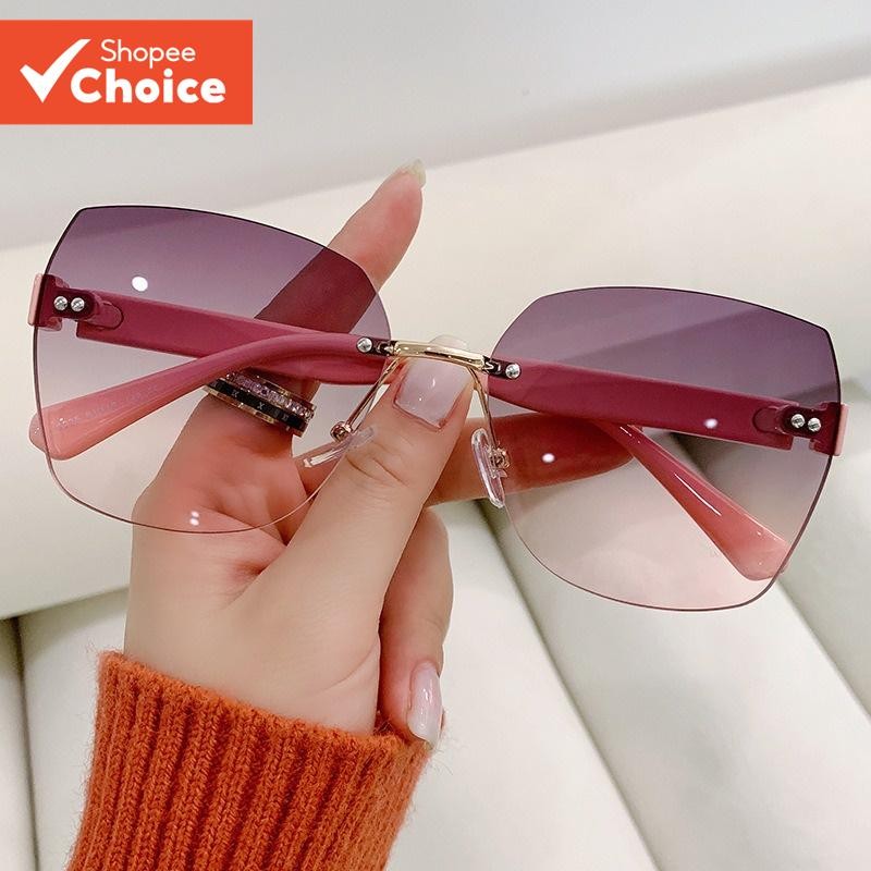 ผู้หญิงแว่นตากันแดดไม่มีขอบ UV400 เลนส์ไล่ระดับสี Retro แฟชั่น Beach Shades