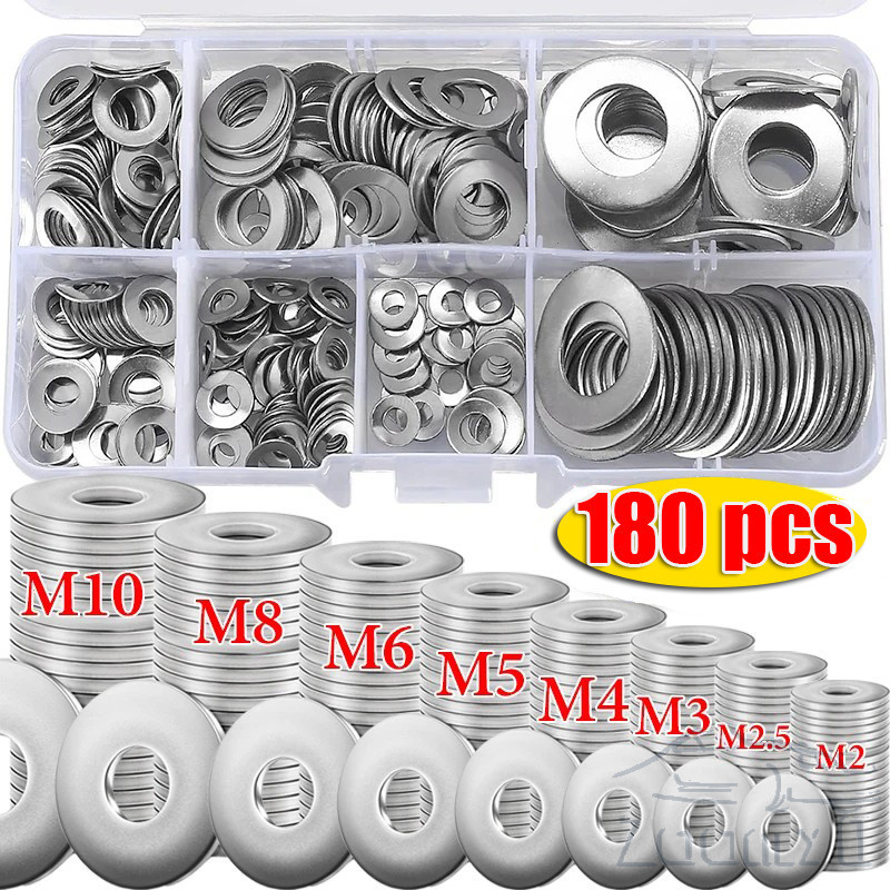 เครื่องซักผ้าแบบแบนสแตนเลส Assortment Kit - M2 M2.5 M3 M4 M5 M6 M8 M10 เครื่องซักผ้าสกรูโลหะทรงกลม - ปะเก็นธรรมดาตัวยึด