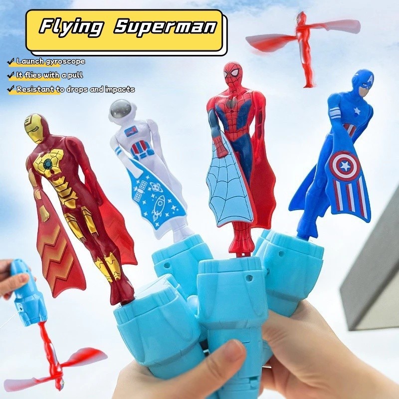 การ์ตูนสไปเดอร์แมนบินของเล่นซูเปอร์แมนกัปตันอเมริกาไอรอนแมนดึงสตริงของเล่นไม้ไผ่แมลงปอปั่นเปิดตัวของเล่น