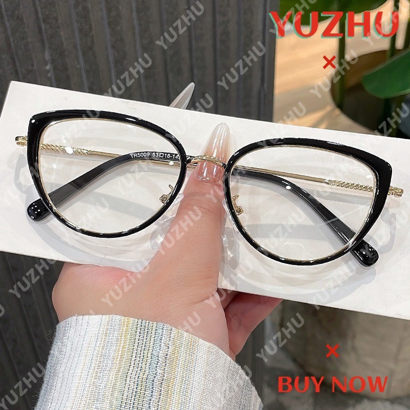 (YUZHU)TR90 แหวนโลหะแฟชั่นย้อนยุคแว่นตาออปติคอลป้องกันแสงสีฟ้าแว่นตาตาแมวสําหรับผู้หญิง