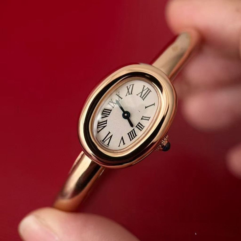 Wine Barrel นาฬิกาผู้หญิงอ่างอาบน้ํารูปไข่ 18K Gold-Plated Quartz นาฬิกาสตรียุคกลาง