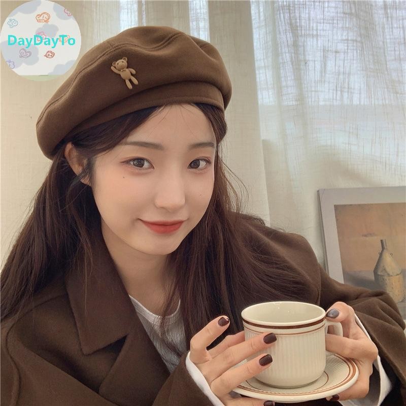 DayDayTo สไตล์เกาหลี Elegant ฤดูหนาวน่ารักหมี Solid Beret หมวกทําด้วยผ้าขนสัตว์จิตรกรหมวก TH