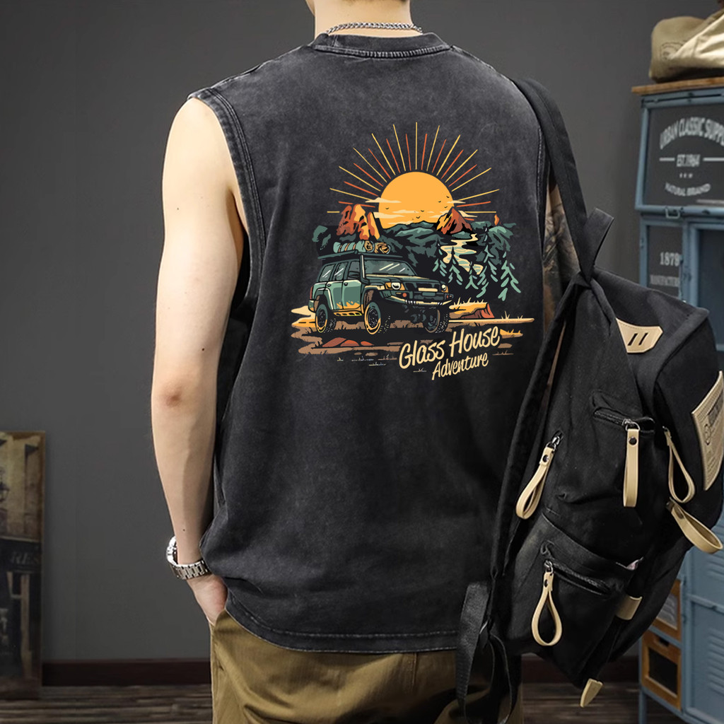 Sea.Tee [COD] เเขนกุด t shirt เสื้อยืด oversize เสื้อผู้ชาย แฟชั่น แนวสตรีท 'CAMPING' แขนสั้น คอกลม เสื้อสีฟอกดำ s-3xl
