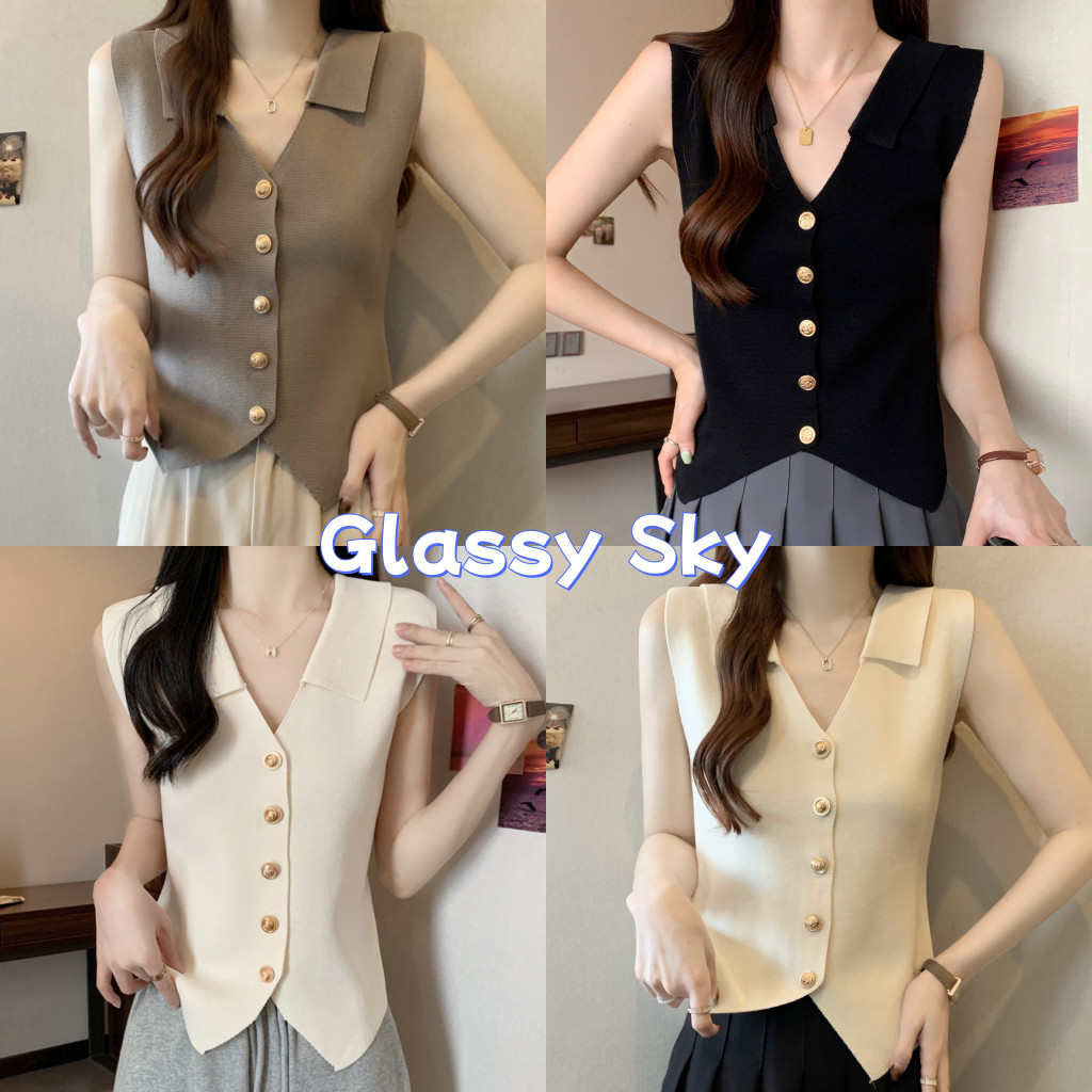 Glassy Sky💖พร้อมส่ง💖 เสื้อครอปไหมพรมคอวี มินิมอล ยืดกำลังดีเรียบหรู แขนกุด สไตล์เรียบง่าย(83157)