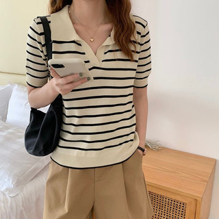 2026 New Style Polo Women Korean Version Fashion V-Neck Striped Knit Top