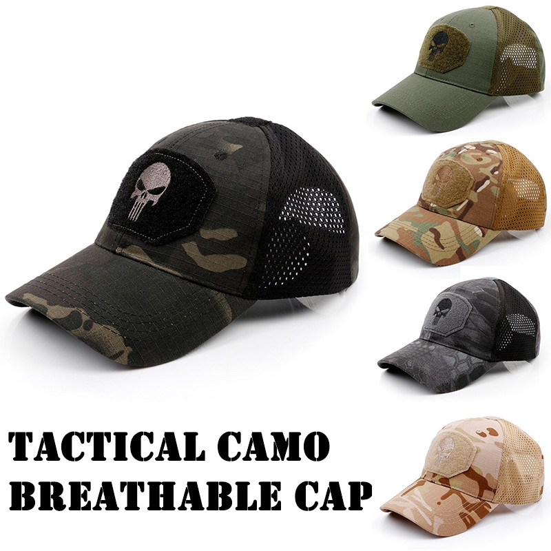 หมวกเบสบอลลายพรางยุทธวิธี หมวกโลโก้กะโหลกกลางแจ้ง หมวกติดเวลโคร N3QE