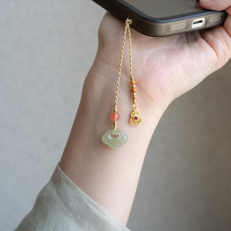 Handmade Original ธรรมชาติ Chalcedony โทรศัพท์มือถือโซ่ปลอดภัยเงิน Lucky Fortune