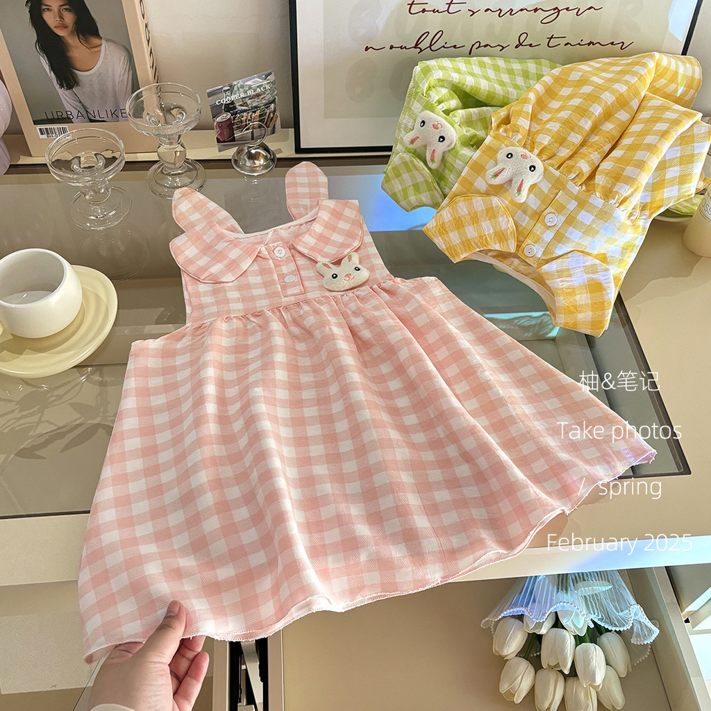 [มล] 80-140ซม สาวตุ๊กตาปกกระต่ายหูชุดฤดูร้อนน่ารักลายสก๊อตเสื้อกั๊กชุดกระต่ายชุดเจ้าหญิง - รูปที่ 4
