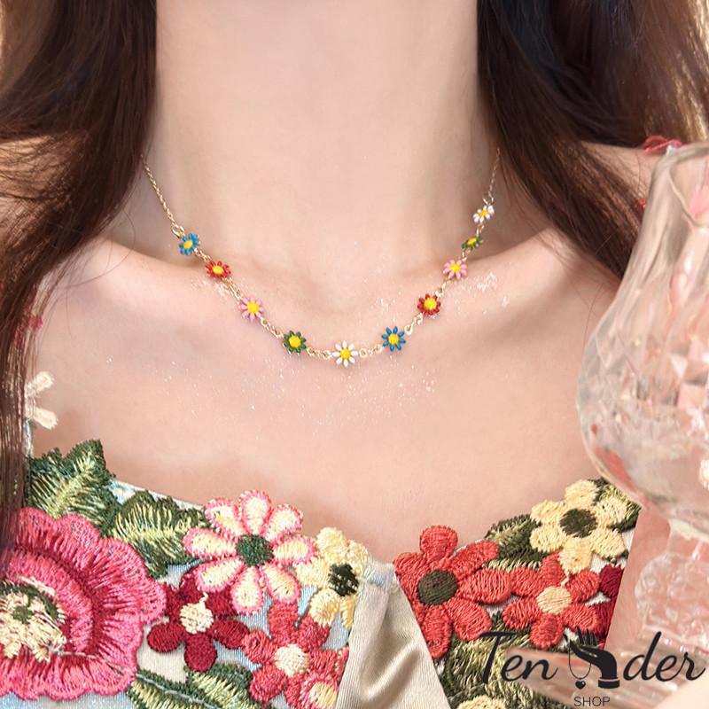 COD-ส่งเร็วจากไทย🎀สร้อยคอดอกเดซี่สีฤดูร้อน โซ่กระดูกไหปลาร้าสำหรับผู้หญิง โซ่คออเนกประสงค์สดใหม่-Ten