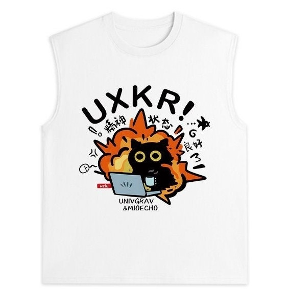 NEW เสื้อแขนกุดสีขาว สกรีนลายแมวดำ OP-1132