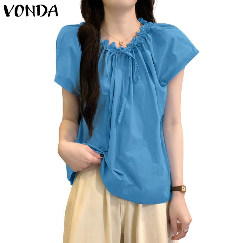 VONDA ผู้หญิงฤดูร้อนเกาหลีใหม่ V คอไม้หูขอบ Lace-Up เสื้อหลวม