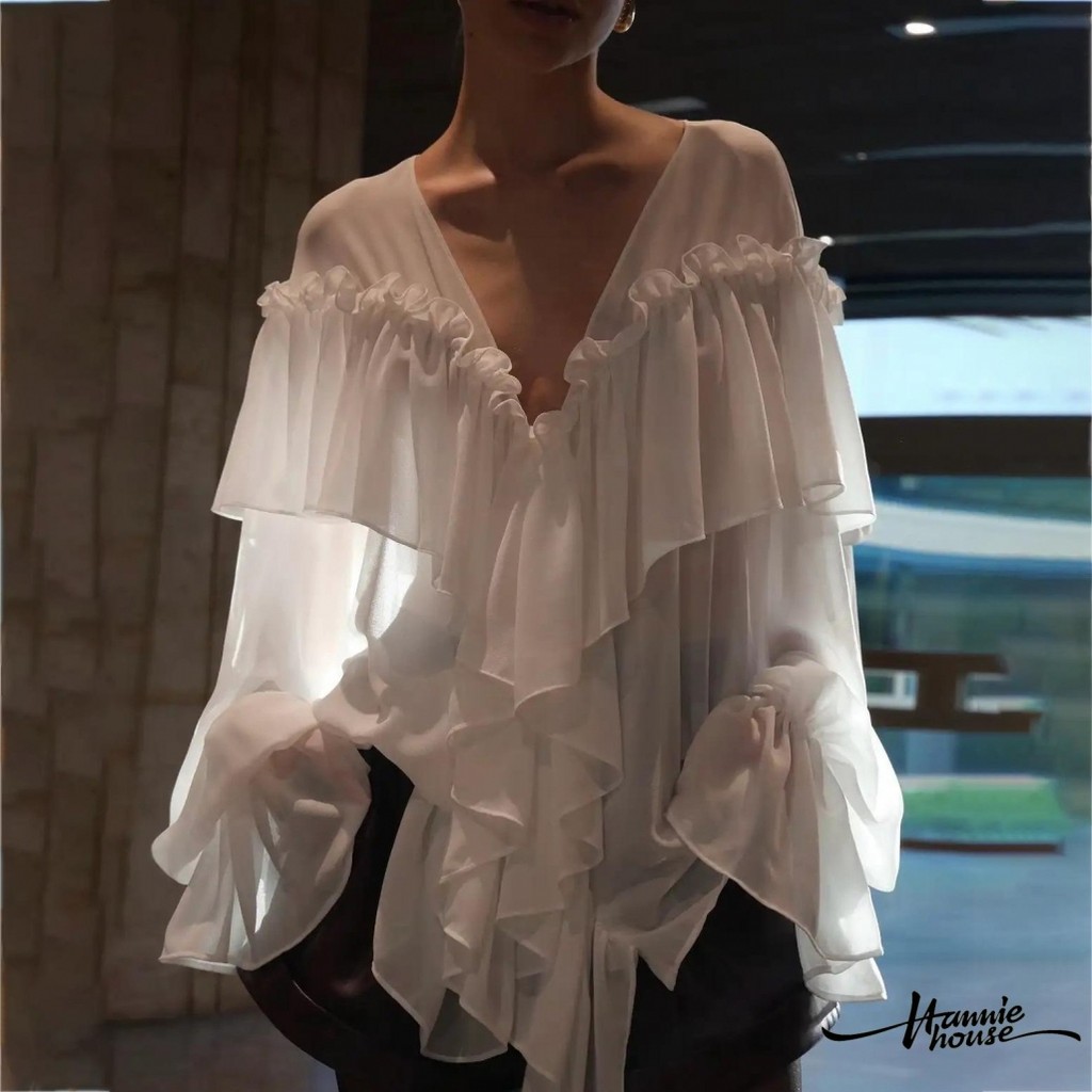 HANIE House- เสื้อแขนยาวผ้าชีฟองคอวี Ruffles สีทึบสําหรับผู้หญิง