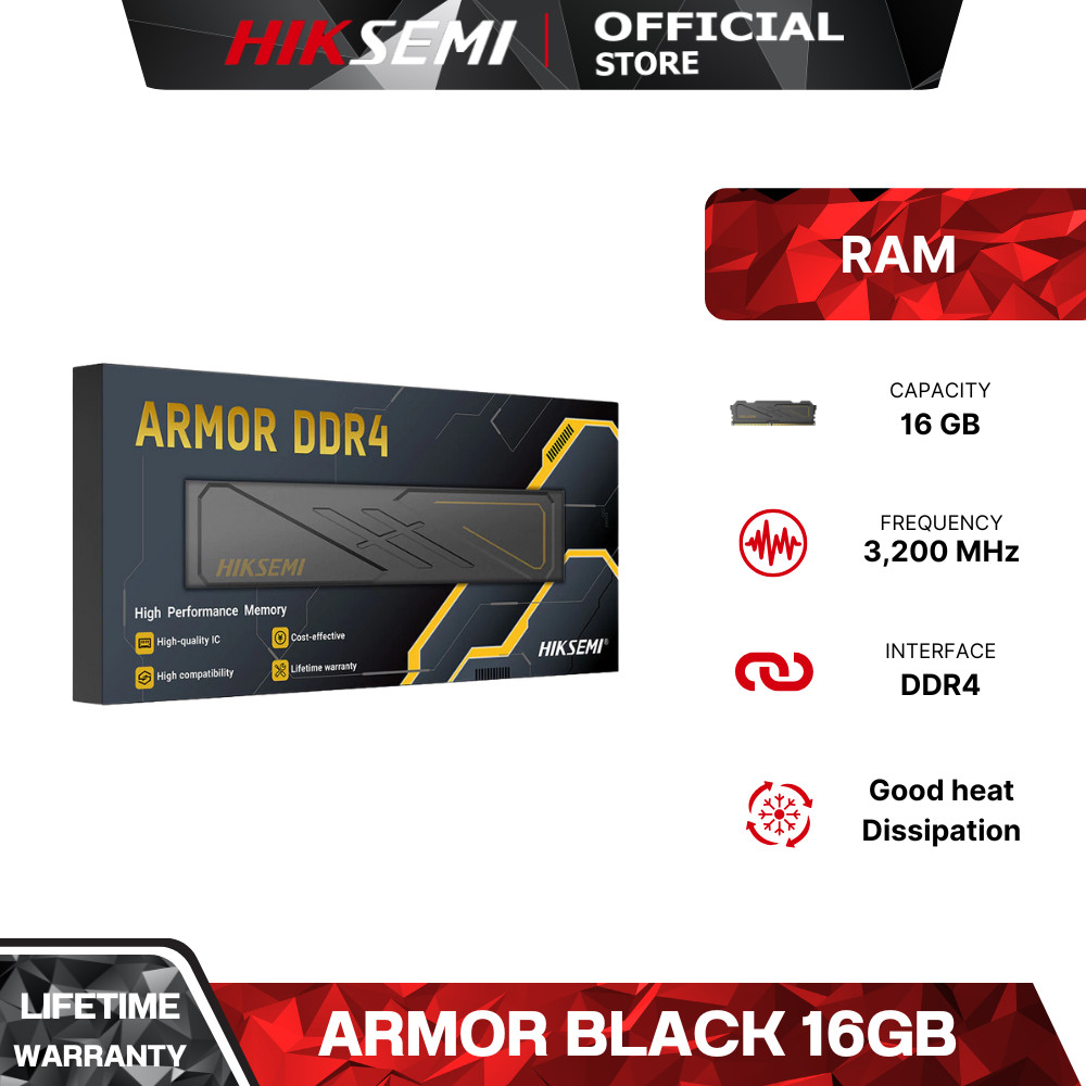 HIKSEMI RAM ARMOR SERIES UDIMM 16GB (BLACK) DDR4 3200MHz (HSC416U32D2 16G)