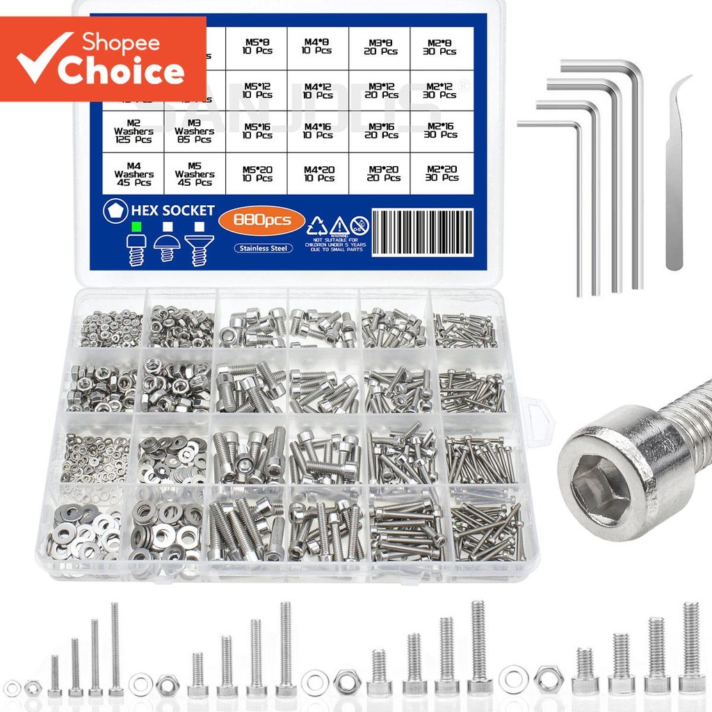 One ชุดพรีเมี่ยม 304 สแตนเลสสตีล Hex ซ็อกเก็ตหัวสกรู Assortment Kit, 880 ชิ้น M2 M3 M4 M5 พร้อมถั่วและเครื่องซักผ้าสําหรับ DIY Home Repairs และ Professional Applications
