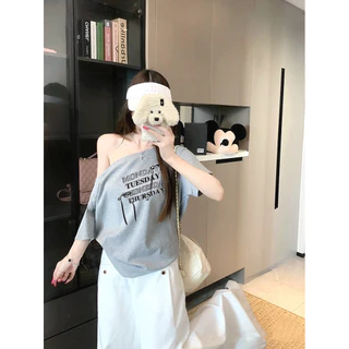 UMISO เสื้อปาดไหล่ เสื้อยืดผู้หญิง ทรงหลวม เข้ากับทุกสไตล์ได้ โบว์ พิมพ์ลาย มีสีให้เลือกมากมาย