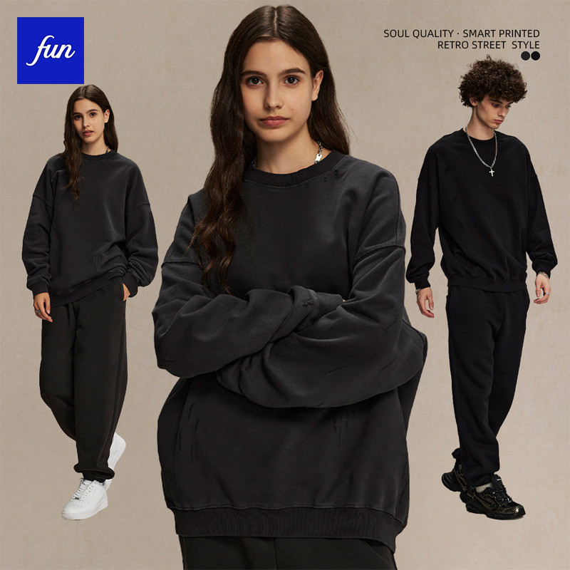430g เสื้อสเวตเตอร์คอกลมขาดและซักแล้ว สไตล์สตรีทแวร์ เสื้อสเวตเตอร์บางแบบวินเทจ สำหรับทุกเพศ