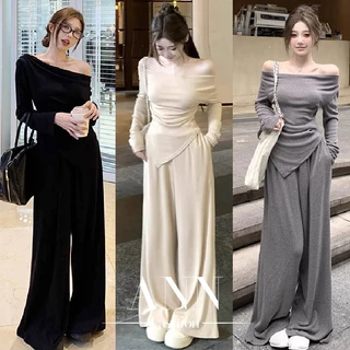 ชุดเซ็ต2ชิ้น สีพื้น / สีดำ เสื้อแขนยาว คอถ่วง จับจีบเอว ชายเสื้อแหลม+กางเกงขายาวยางยืด กระเป๋า2ข้าง #9252