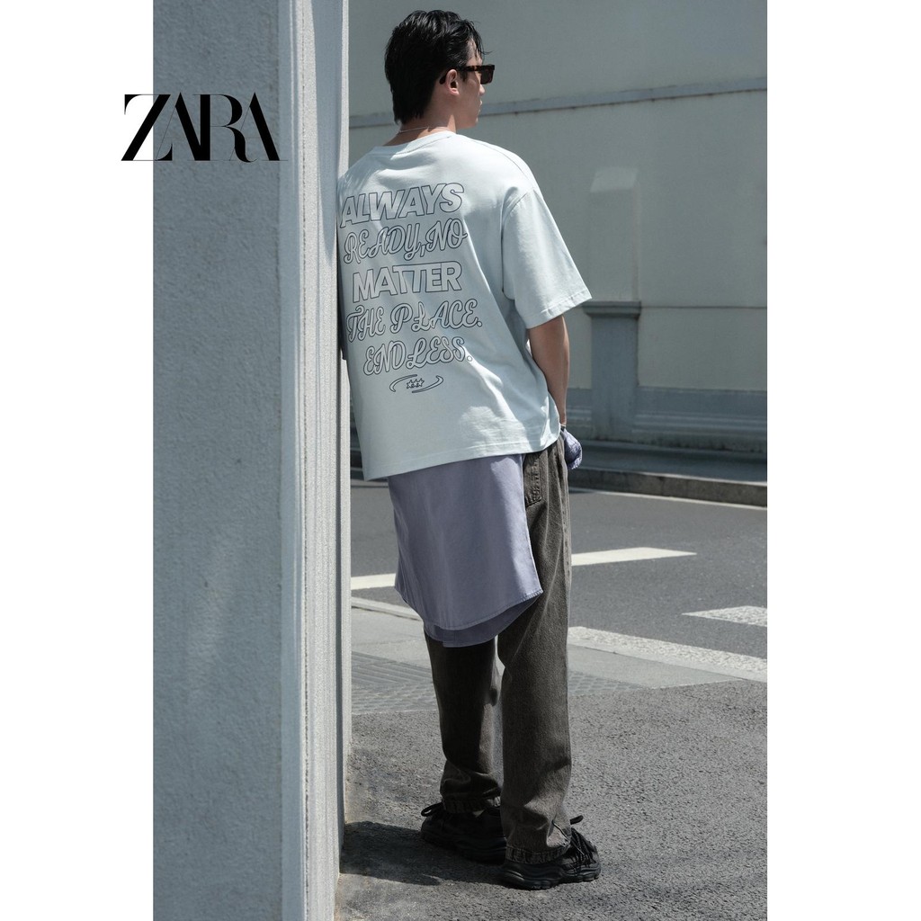 ZARA สินค้าใหม่ผู้ชายผ้าฝ้ายหลวมสบาย Casual All-Match เสื้อยืดพิมพ์ลาย 4374407