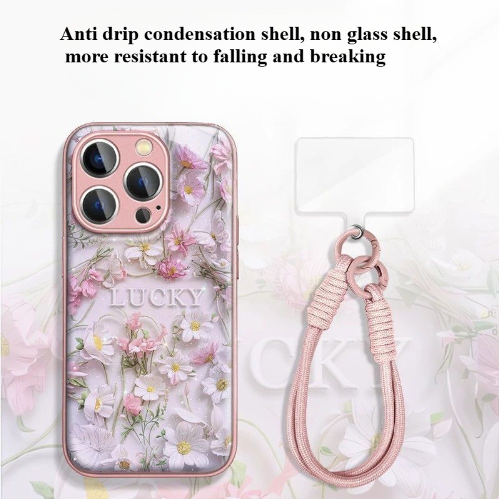 พร้อมเชือกเส้นเล็กPink และ White Florets สําหรับ IPhone 16E 16 15 14 13 12 11 Pro Max Glitter Hydro 