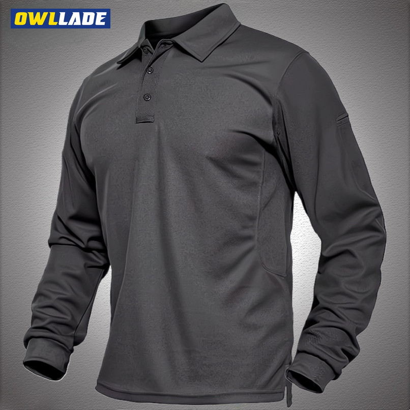 OWLLADE Tactical Cargo Polo Men หลวมแขนยาวสีเทา S-3XL IX-LP A01 2T