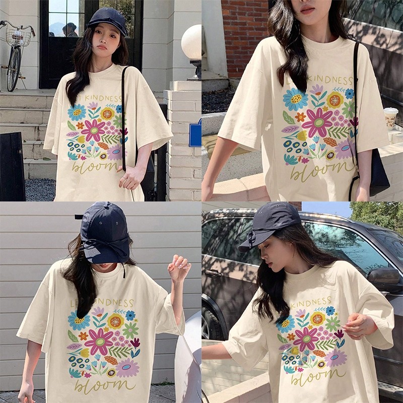 COD✅ (จัดส่งในกรุงเทพฯ) MAO Shop ❗️เสื้อยืดผู้หญิงพลัสไซส์ผ้าฝ้ายพิมพ์ลายดอกไม้ Ados วาดลวดลายวรรณกรรมและสไตล์สด