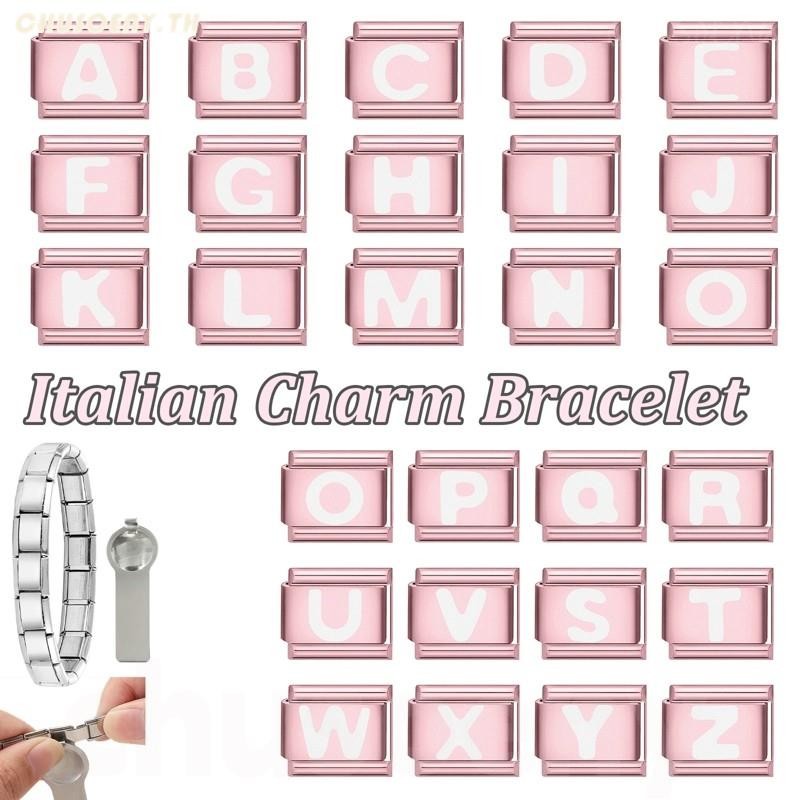 ตัวอักษร Rose สีชมพู AZ สไตล์อิตาเลียน Charm สร้อยข้อมือ Fit 9 มม. สร้อยข้อมือสแตนเลส DIY เครื่องประดับทำเอง Retro บุคลิกภาพโมดูล