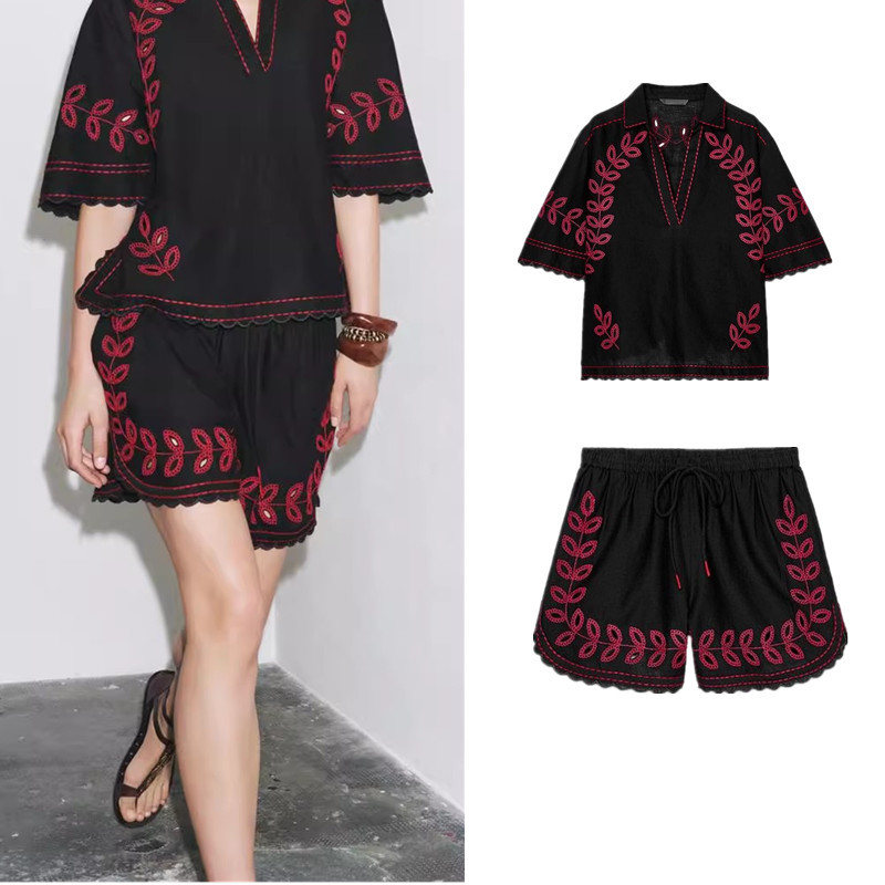 เสื้อเชิ้ตแขนสั้นปักลายผ้าฝ้าย ZARA5107072 กางเกงขาสั้นเอวสูง5107071