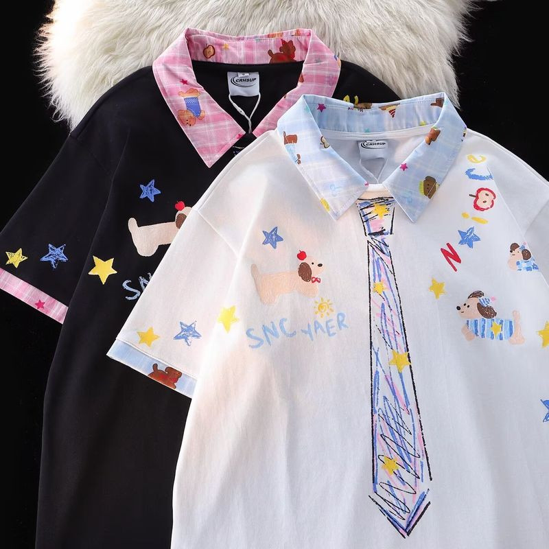 EERSHENSHI เสื้อโปโลปักวินเทจพร้อมดีไซน์ผูกเน็คไทสำหรับผู้หญิงฤดูร้อนชุดลำลอง