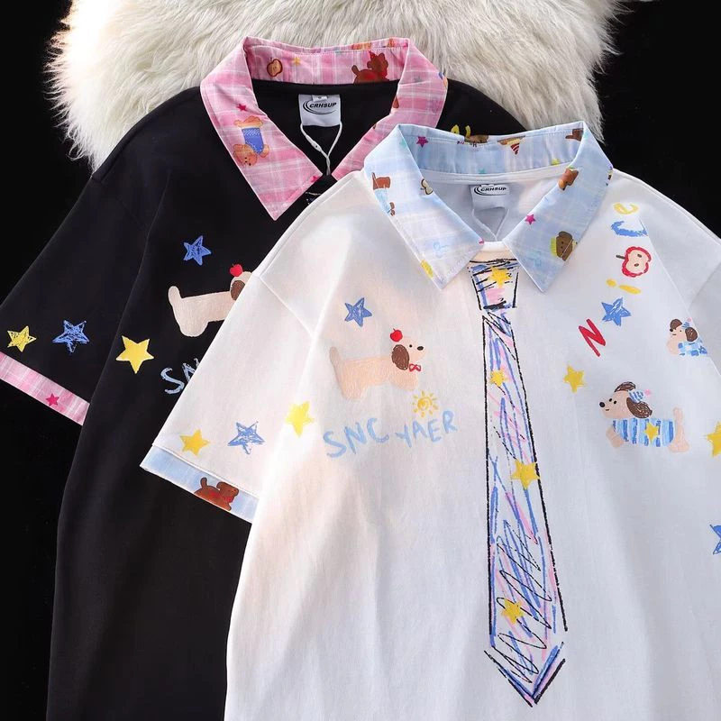 EERSHENSHI เสื้อโปโลปักวินเทจพร้อมดีไซน์ผูกเน็คไทสำหรับผู้หญิงฤดูร้อนชุดลำลอง