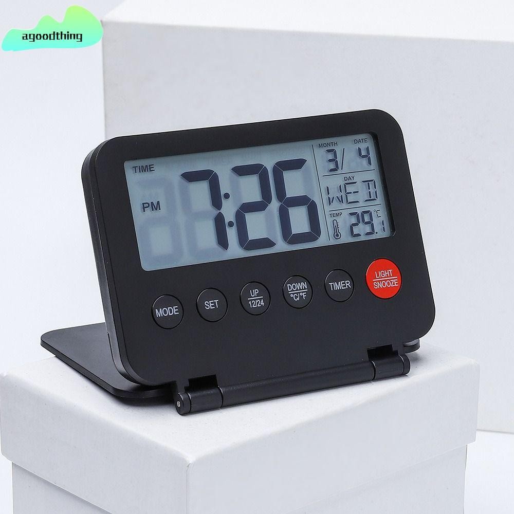 AGOODTHING นาฬิกาท่องเที่ยวขนาดเล็ก, นาฬิกาปลุกการเดินทาง LCD พับ, นาฬิกาแขวนอิเล็กทรอนิกส์อุณหภูมิ 12/24H อเนกประสงค์
