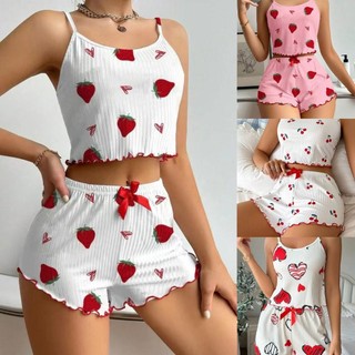 women cute printed sexy camisole vest shorts home Home wear pajamas polyester fabric sleepwear