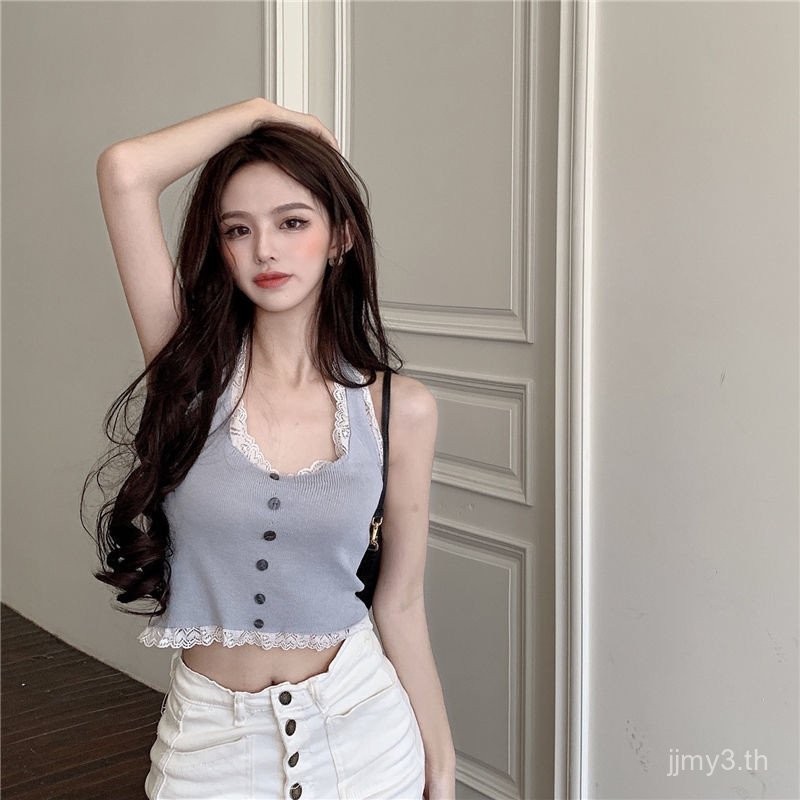 แฟชั่นผู้หญิง เสื้อกั๊กถักคอห้อยลูกไม้สำหรับผู้หญิง เสื้อแขนกุดสั้นทรงเข้ารูปสำหรับฤดูร้อน PN6M