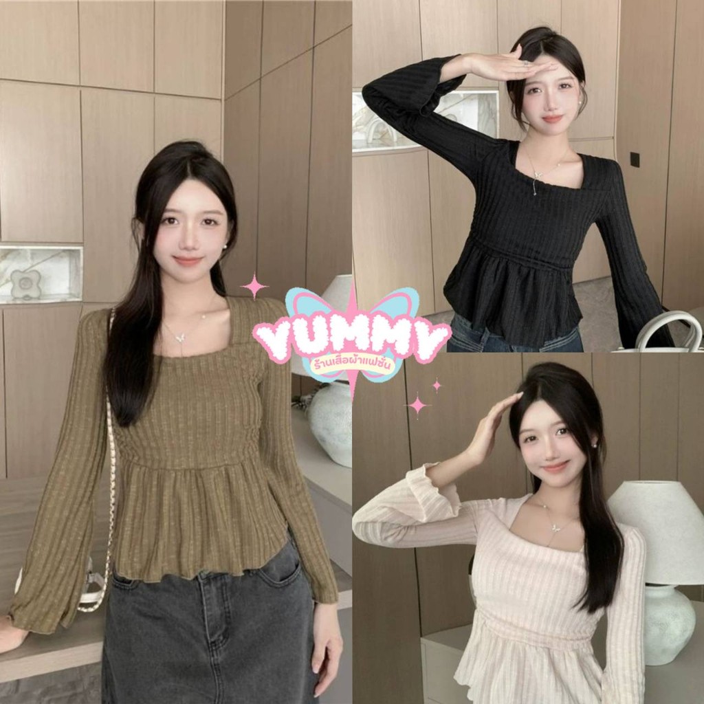 🎀Yummy Shop🎀พร้อมส่ง (95153) -C เสื้อไหมพรมผ้าพริ้ว แขนยาวคอเหลี่ยม