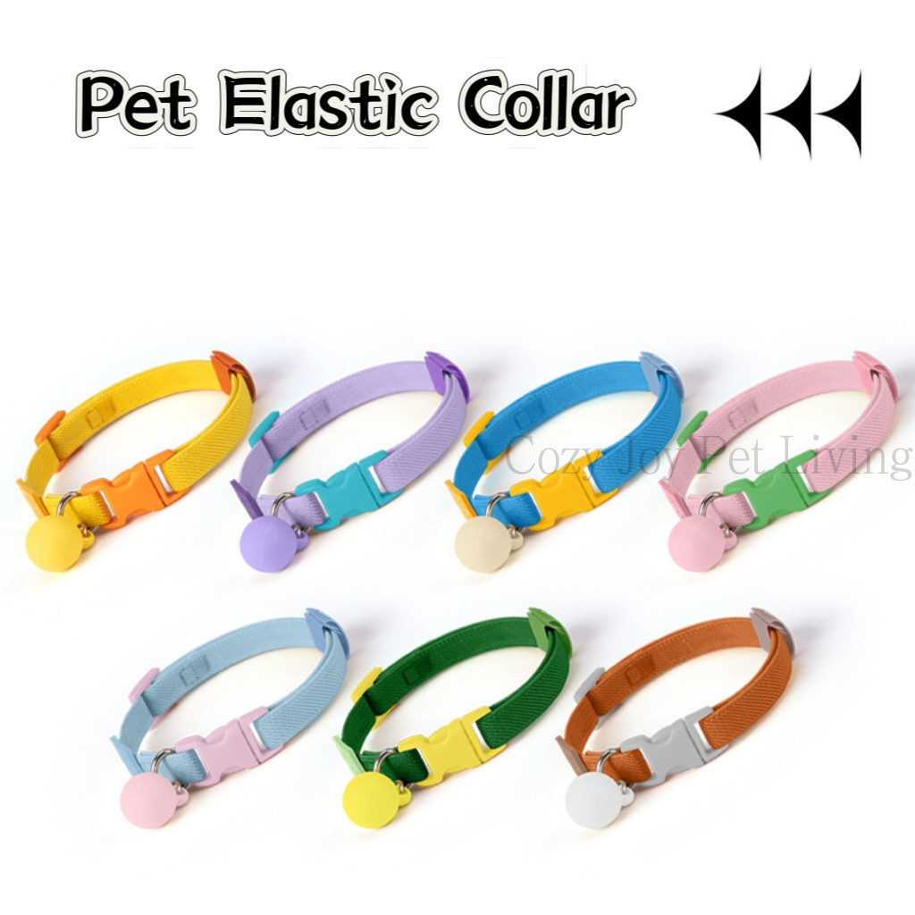 น่ารัก ปลอกคอแมวสัตว์เลี้ยงพร้อมลูกบอลและหัวเข็มขัดสีสันสดใสเรียบง่ายมาการองคอตกแต่งสร้อยคอยางยืดสําหรับแมวสัตว์เลี้ยง อุปกรณ์เสริมภาพ