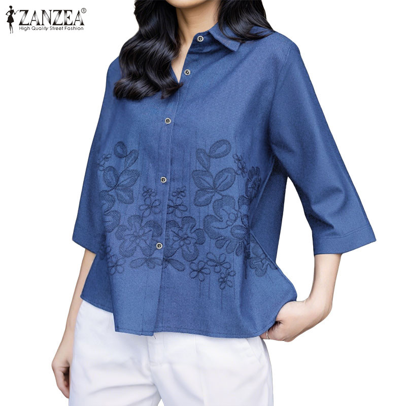 ZANZEA ใส่ ซานเซีย ผู้หญิงแฟชั่นเกาหลีเสื้อลําลองปกแขนสามในสี่ ก-เส้น เย็บปักถักร้อยเสื้อสั้นท็อปส์