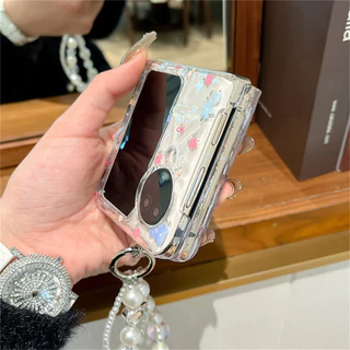 น่ารักระลอกน้ําดอกไม้โปร่งใสเคสโทรศัพท์พร้อมสร้อยข้อมือมุกสําหรับ OPPO ค้นหา N3 Flip N3Flip Findn3Flip กันกระแทกปกหลังmanha