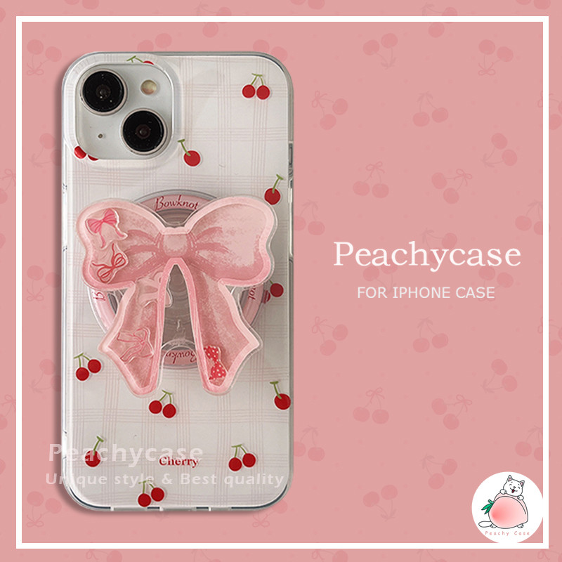 INS สีชมพู Checkered Stripes Cherry Bowknot เลื่อนแม่เหล็กผู้ถือขาตั้งเคสโทรศัพท์สําหรับ iPhone 16 15 14 13 Pro Max 16pro กันกระแทก IMD Mobile Casing