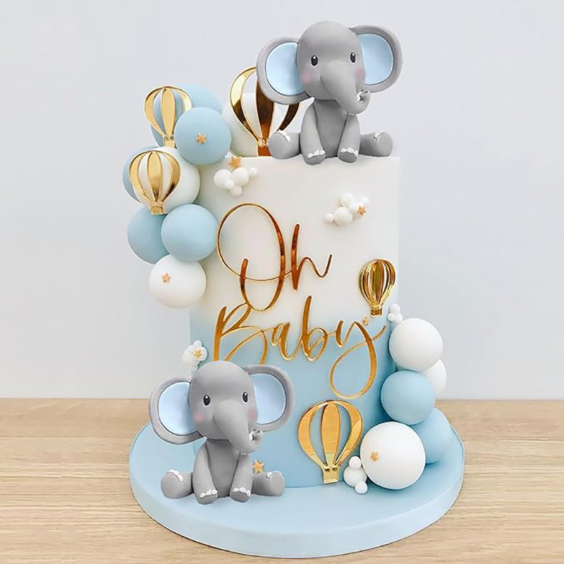 Elephant Cake Topper Mini Elephant Oh Baby Blue White Foam Balls Cake DIY Decor for Boy Birthday Party Baby Shower Cake Supplies
