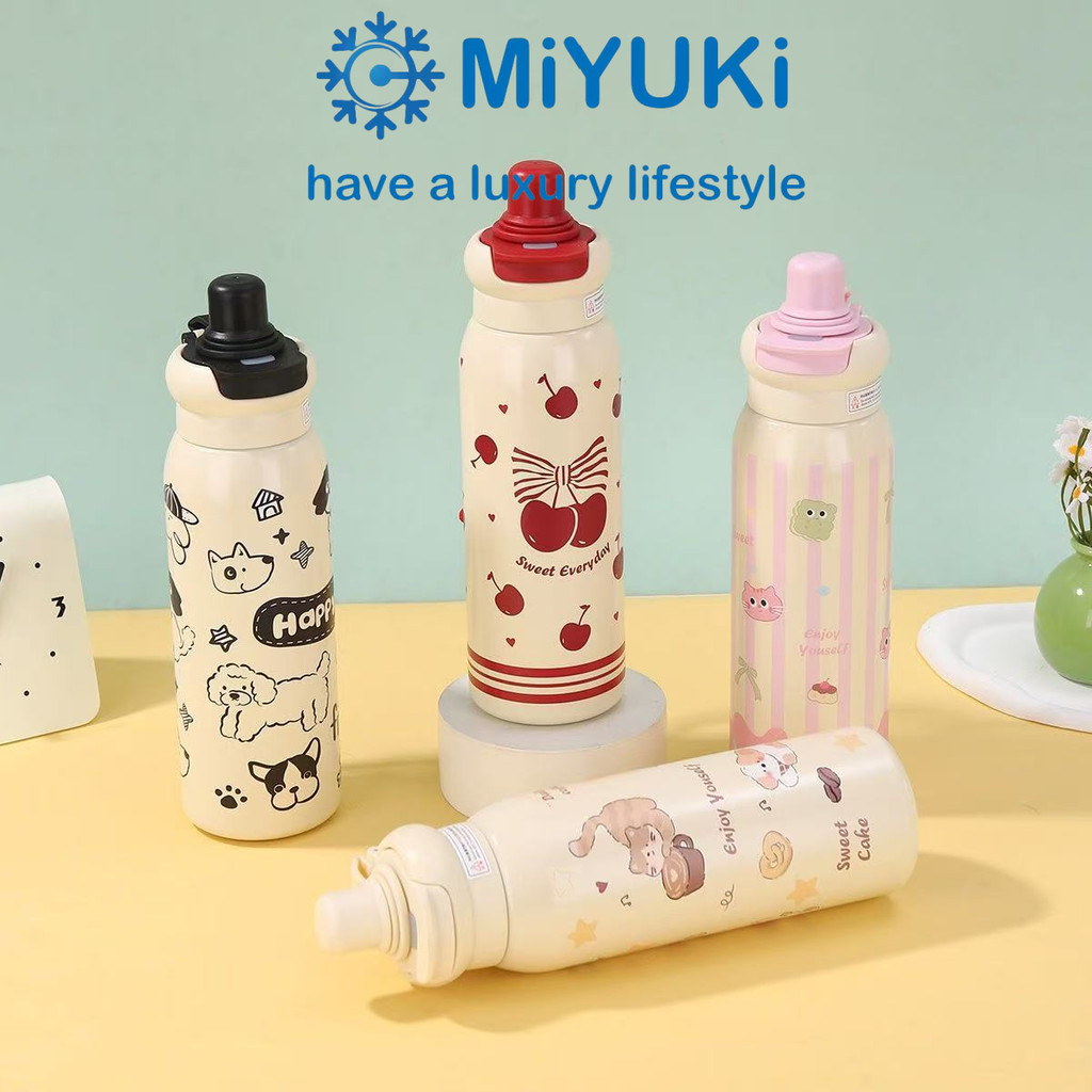 MiYUKi กระติกน้ําร้อน 600 มล. ลายการ์ตูนน่ารัก ไร้ BPA พร้อมหลอด จัดส่งจากกรุงเทพฯ