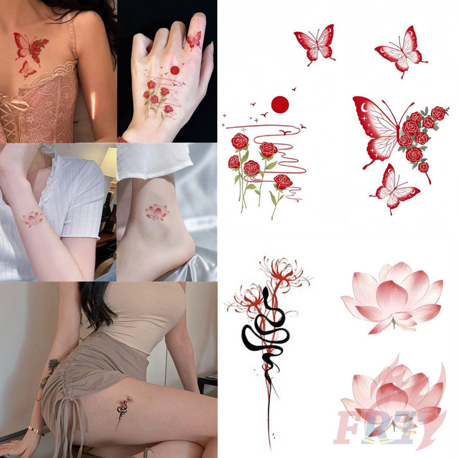 ❣️1sheep / 4Sheepts Butterfly Rose / Manjusaka / สติ๊กเกอร์รอยสักชั่วคราวดอกบัว❣️รอยสักกันน้ําสําหรับแขนเซ็กซี่กระดูกไหปลาร้าร่างกายศิลปะมือเท้า