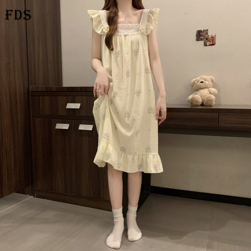 ชุดนอนผ้าฝ้ายสายคล้องคอแบบสบายฤดูร้อน FDS ใหม่ หลวม หวาน น่ารัก เสื้อผ้าใส่ในบ้าน
