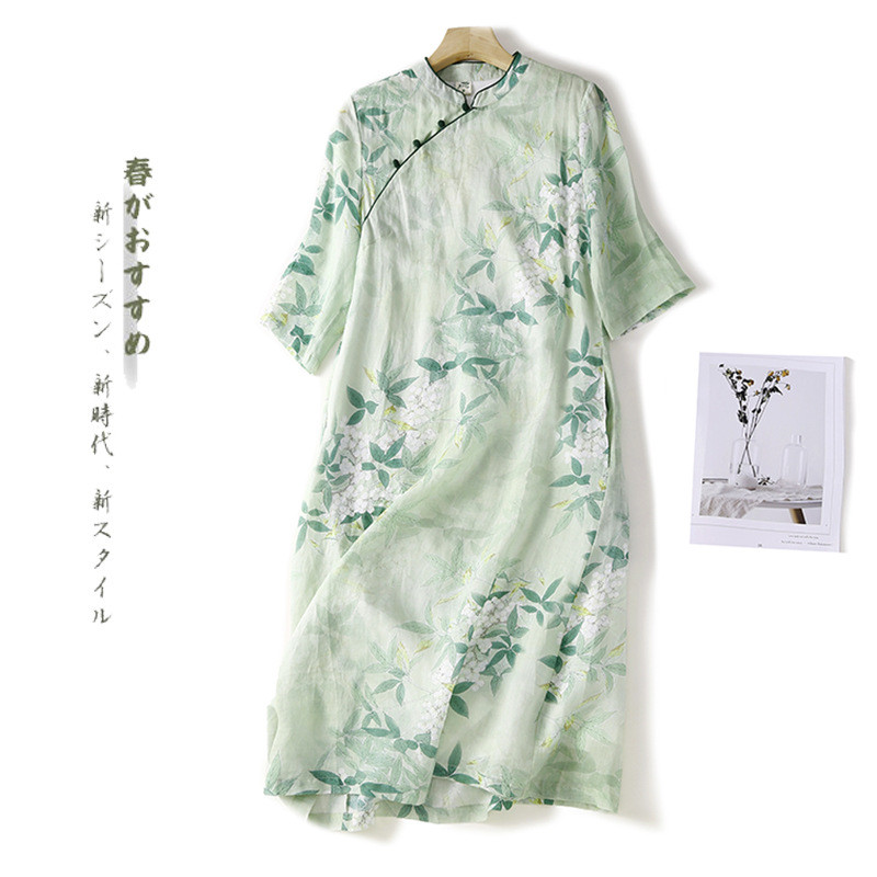 ปรับปรุงCheongsam แฟชั่นฤดูร้อนพิมพ์ Retro ผ้าฝ้ายผ้าลินินเสื้อผ้าผู้หญิง Slimmer ดู High-End อารมณ์