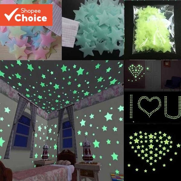 100 ชิ้น Bright Star กาว Wall Art Star สติ๊กเกอร์ติดผนังเรืองแสงสเตอริโอสติ๊กเกอร์ติดผนังสําหรับตกแต่งห้องเด็ก
