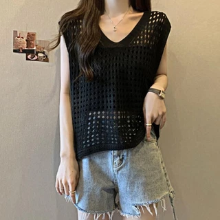 YY106 เสื้อยืดตาข่ายแขนกุด ผ้าไหมพรมยืด ใส่สบาย ฟรีไซส์ สไตล์เกาหลีสุดน่ารัก ระบายอากาศ