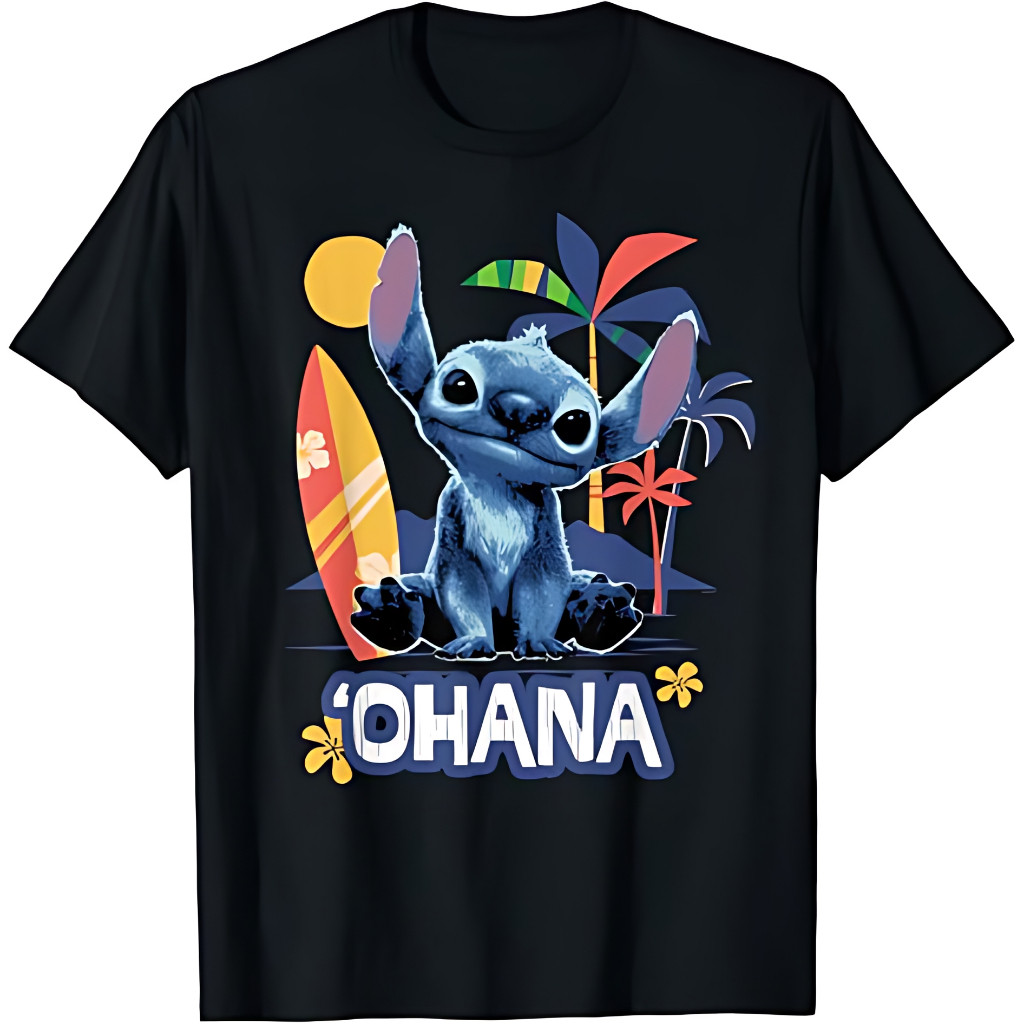 เสื้อยืดพิมพ์ Lilo & Stitch Live-Action Movie Ohana Surf Beach
