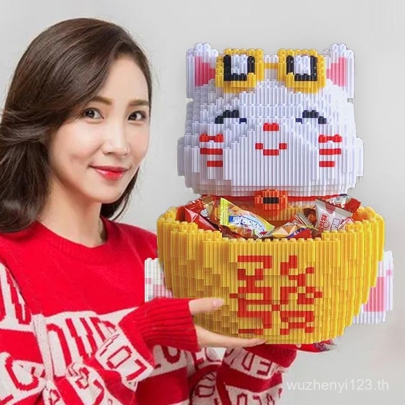 ตัวต่อแมวนำโชคและหม้อทรัพย์ DIY ของสะสมสำหรับผู้ใหญ่ ของขวัญมงคล ของตกแต่งบ้านสไตล์จีนแห่งความร่ำรวย